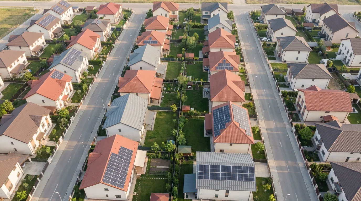 Cartier rezidențial văzut de sus, cu panouri fotovoltaice pe acoperișuri