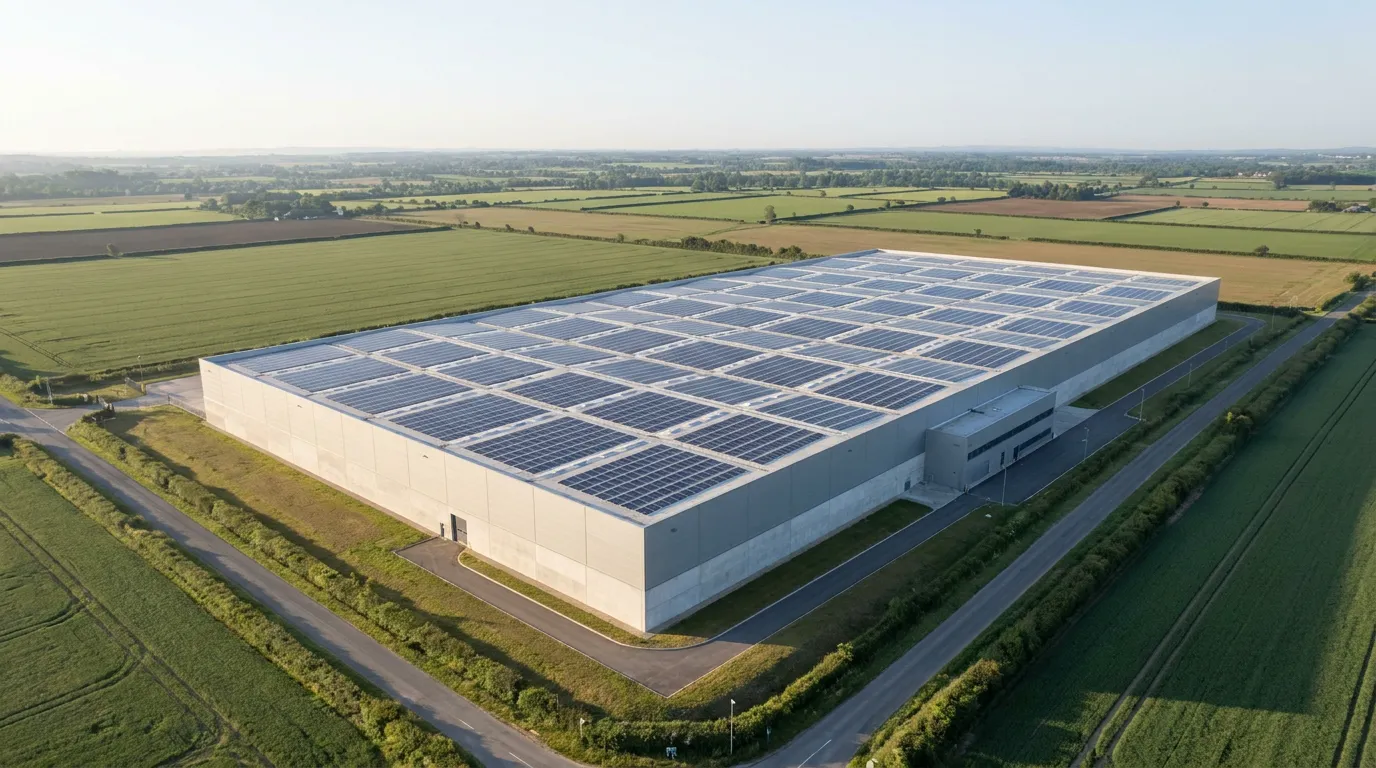 Hală logistică cu acoperișul acoperit de panouri fotovoltaice