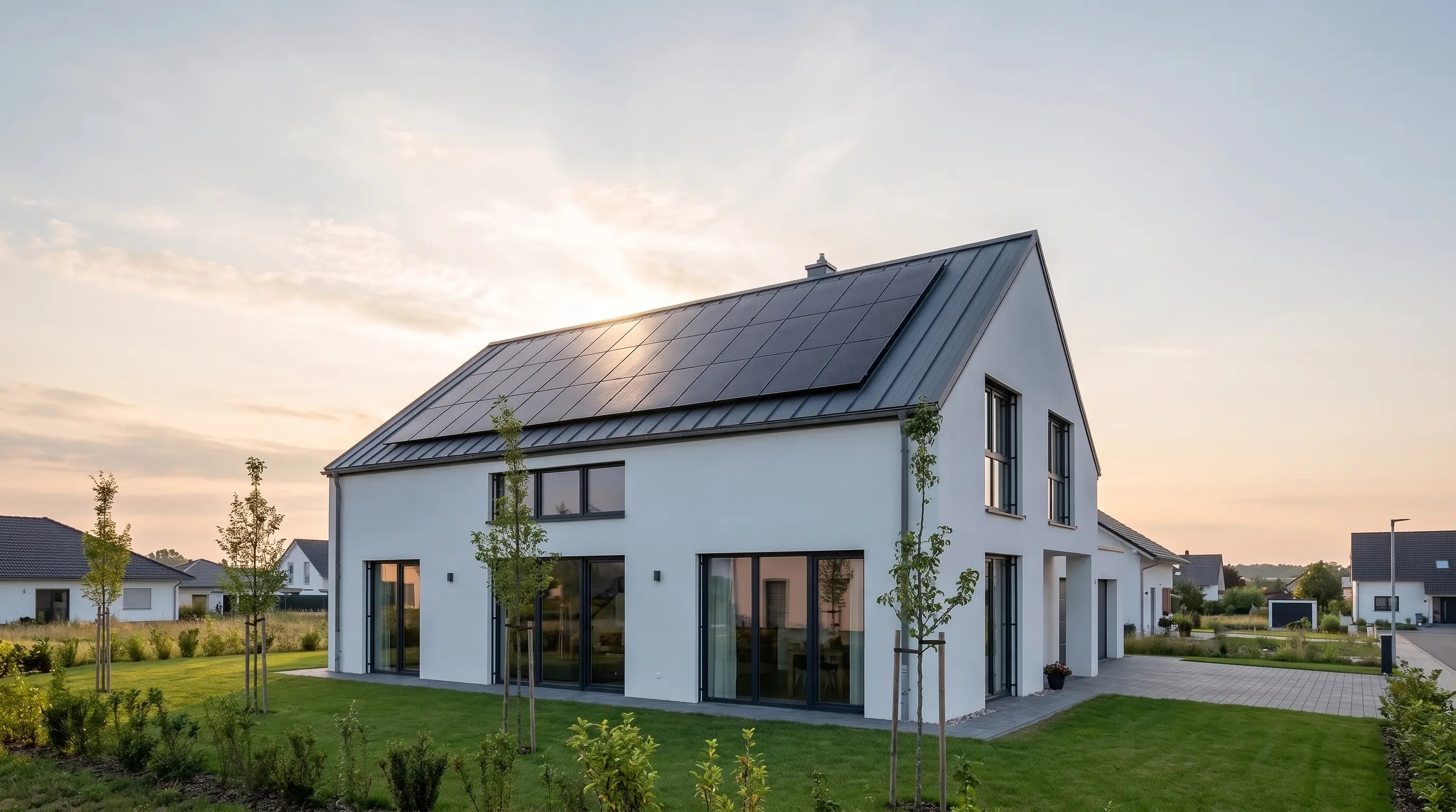 Casă modernă cu panouri fotovoltaice negre pe acoperiș, la răsărit